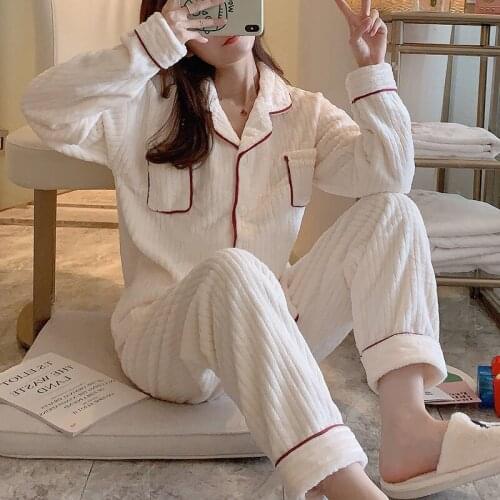 New Winter Flannel Warm Women Pajamas Set Pijama Mujer Leisure Home Cloth Pyjamas Sleepwear Home Wear Femme