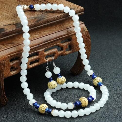 Genuine natural and Tian Yu Necklace Bracelet Earrings Jewelry Set retro court banquet accessories jade set group