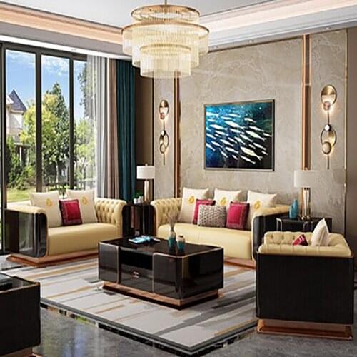 Postmodern light luxury first floor leather sofa villa model room luxury simple Italian living room solid wood furniture