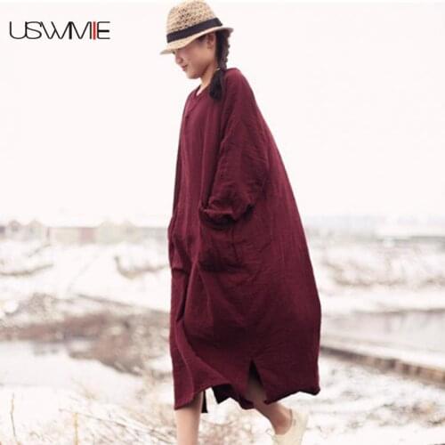 Women Clothes 2020 Literature Retro Long Sleeve Solid Color V-neck Plus Size Dress Double Pockets Loose Irregular Hem Vestidos