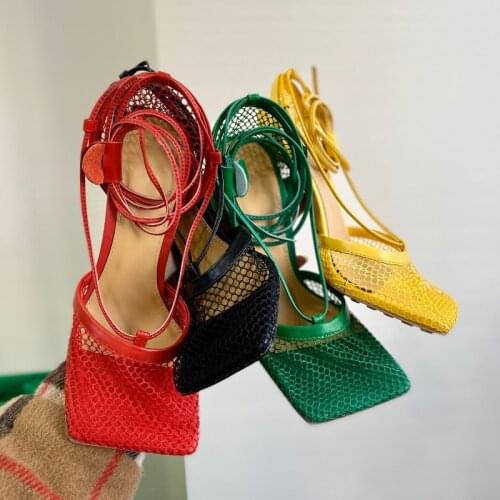 2021 Spring and Summer New Square Toe Open Toe Mesh High Heel Shoes Strap Stiletto Sexy High Heel Sandals for Women