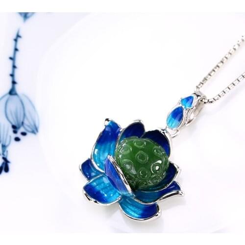 S925 Pure Silver Inlay Cloisonne Enamel Hetian Jade Jade Lotus Lotus Restoring Ancient Ways Female Pendants Wholesale