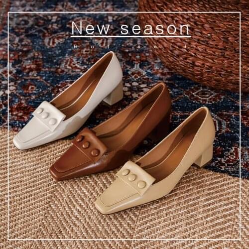 New Genuine Leather Womens Shoes Button Decoration Shallow Pumps Square Toe Slip-On Thick Heel Handmade Shoes Woman Size 34-39