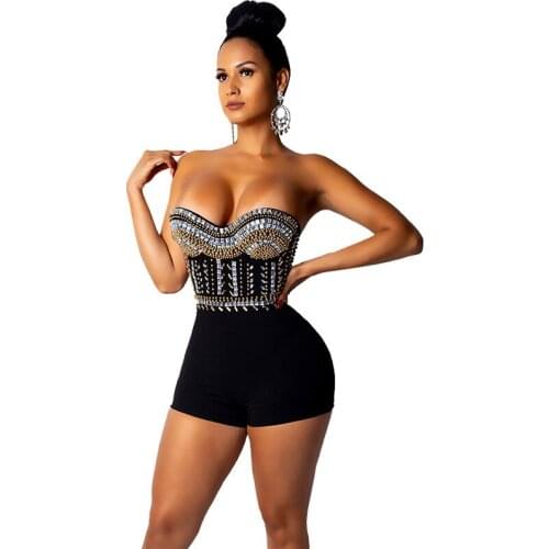 Sexy Sparkly Rhinestone Jumpsuit Shorts Overalls Women Elegant Strapless Birthday Party Playsuits Glitter Sequin Jumpsuit Romper