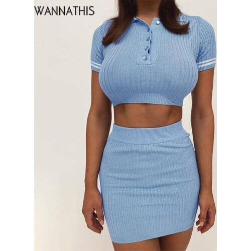 WannaThis Cotton Turn-down Collar 2 Pieces Sets Women Front Button Crop Top and Skirt Blue Short Sleeve Mini Skirt Summer Casual