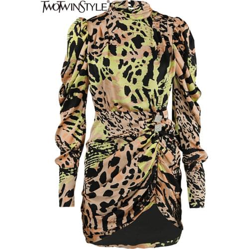 TWOTWINSTYLE Leopard Dress For Women Turtleneck Puff Long Sleeve High Waist Ruched Print Dresses Female 2020 Autumn Fashion Tide