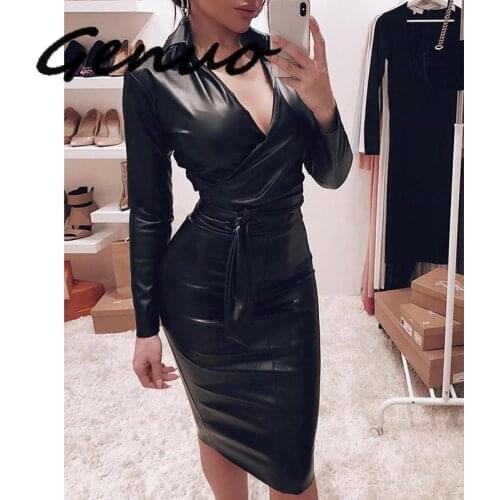 Genuo New Bowknot Detail Long Sleeve Bodycon Dress Women Sashes PU Leather Dress Autumn 2019 Slim Fit Black Dresses Vestidos