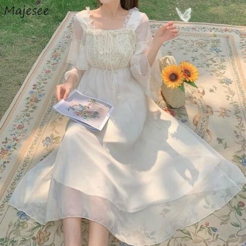 2020 New Dresses Women Summer Mesh Soft Lace Sweet High Waist French Fresh Girls Elegant Womens Lining Robe Leisure Vestidos