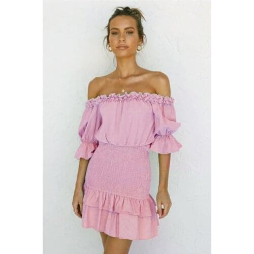 Lolita Dress Women Summer Clothing Elegant Slash Neck Ruffles Mini Dresses Half Sleeve Wrap Hip Ladies Sundress Pink Beige Green