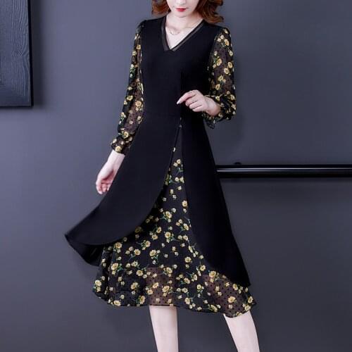 Spring Vintage Black Print Patchwork Chiffon Dress 2021 Casual Office Lady Midi Dress Autumn Women Elegant Bodycon Party Vestido
