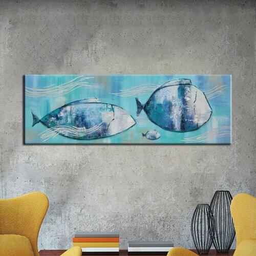 100% Hand Painted Oil Paintings Abstract Blue Fish in the Ocean Wall Art Canvas For Living Room Morden Home Decor Frameless