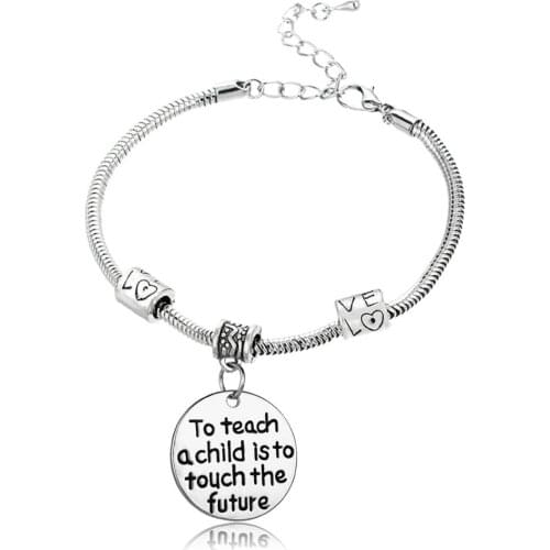 12PC To Teach A Child Is To Touch The Future Bracelets Round Pendant Charm Bangles Teachers Jewelry Teachers Day Gifts Love Bead Chain Wristband