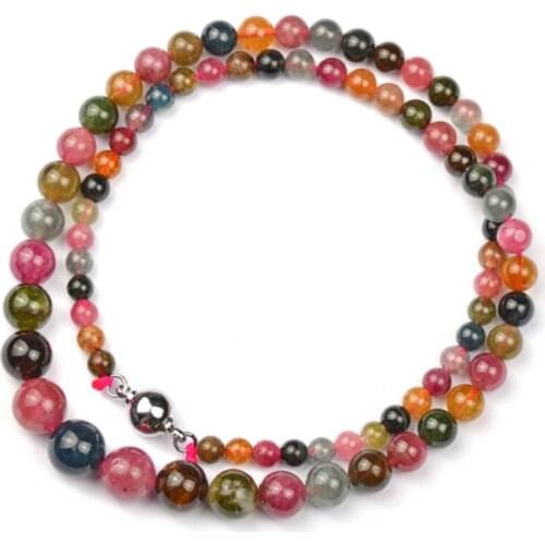 4-9mm Genuine Natural Colorful Tourmaline Gem Stone Crystal Round Clear Colorful Beads Necklace Mothers Gift