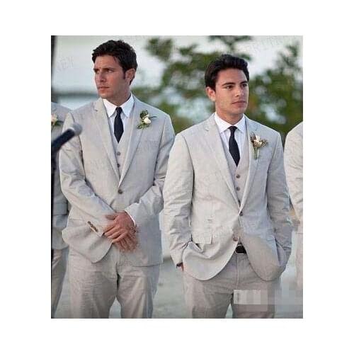 ANNIEBRITNEY Custom Wedding Suits Summer Men Suits Beach Grey Linen Suits Notched Lapel Men Grooms Tuxedos Slim Fit Mens Suits