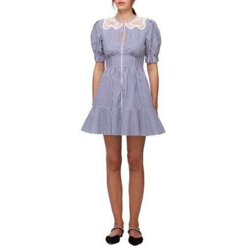 White Hollow Embroidery Lace Blue and White Striped Zip Short Sleeve Mini Dress