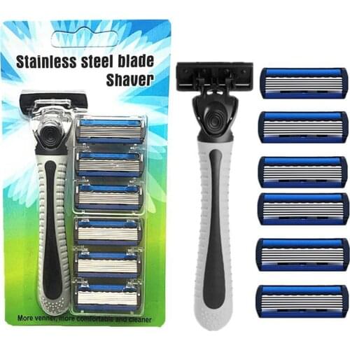 6 Layers Razor 1 Razor Holder + 6 Blades Replacement Shaver Head Cassette Shaving Razor Set Manual Hand Safety Razor For Man