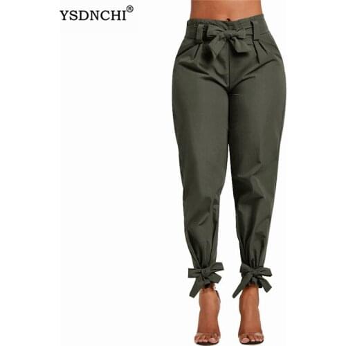 YSDNCHI Pencil Pants The Gathered-Ankle Trouser Women High Waist Lady Loose Bow Belt Drawstring Bandage Pocket Harem Bottom