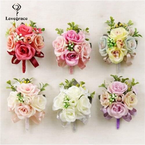 Lovegrace Boutonniere Flower Bride Wedding Wrist Corsages Silk Rose Fake Berries Groom Boutonniere Wedding Planner Brooch Pins