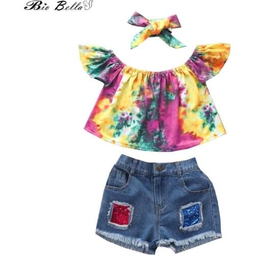 Children Girls 2021 Summer Clothes Set Fashion Jean Pants+Tops+Headband 1-6 Years Children Girl Clothing Lovely Girl Outfits
