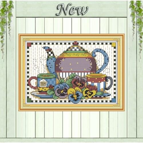 This tea set plate flowers Decor paintings counted printed on canvas DMC 11CT 14CT kits Cross Stitch embroidery needlework Sets