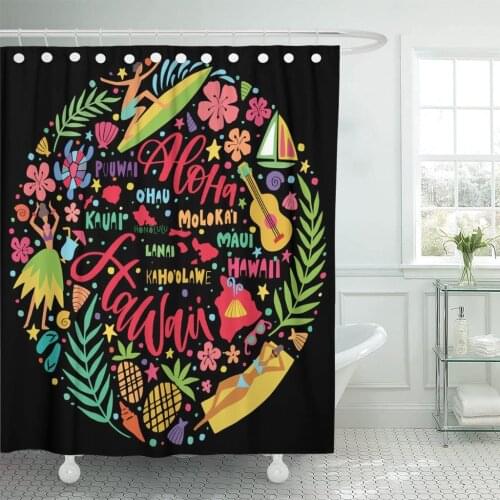 Hawaii Islands Map and Tourist Attractions Symbols Ukulele Hula Shower Curtain Waterproof Polyester Fabric 72 x 72 Inches Set