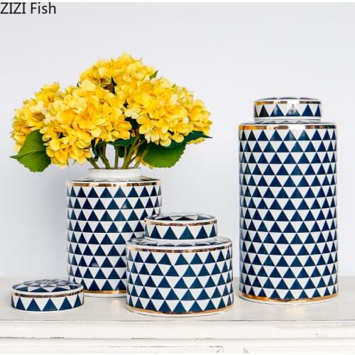 Geometric Ceramic Storage with Lid Modern Creative Vase Home Decoration Living Room Desktop Small Objects Candy Storage Jar New