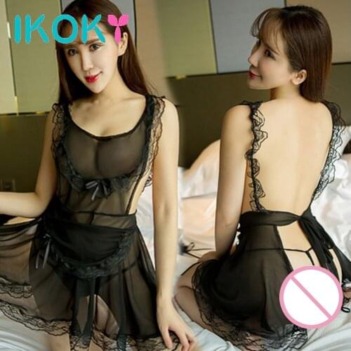 IKOKY Transparent Sleepwear Dress Erotic Fetish Sexy Lingerie Maid Uniform Sexy Underwear Sex Nightdress Women Lace Costume