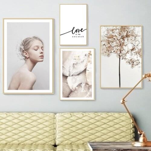 NordicPoster Print Scandinavian Wall Picture Style Art Canvas Painting Realist Girl Leafs plant for Living Room Modern Decor
