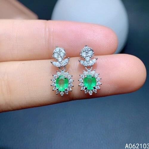 KJJEAXCMY 925 sterling silver inlaid natural emerald Womens Womens fresh and small plant Gemstone Earrings stud support check