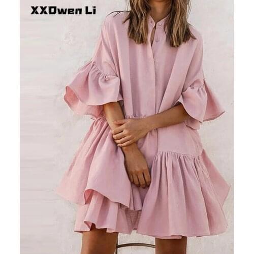 Summer Cascading Ruffle Womens Mini Dress 2021 Pink shirt Dresses Buttons Flare Sleeve Spring Autumn Woman Clothes Robe Femme