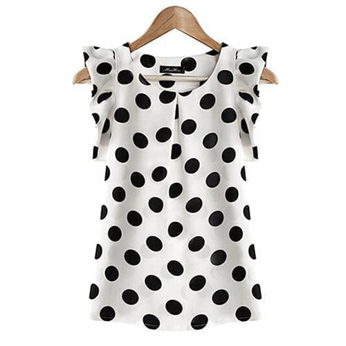 New Fashion Women Summer Casual Polka Dot Round Neck Short Sleeve Shirt Top Chiffon Blouse