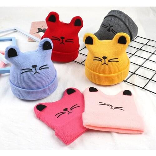 2020 New Fashion Cat Knitted Baby Girl Hat Boy Cap Warm Winter Cartoon Solid Color Crochet Children Beanies Cap Cotton Kids Hat