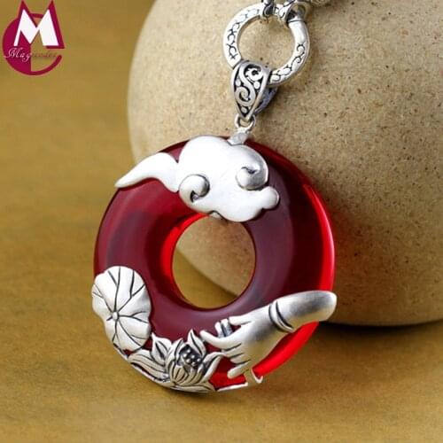 45.5mm Big Round Natural Garnet Pendant Vintage Hand Lotus Leaves Jewelry Fine Cloud Flower Thai Silver Necklace Women Gift SP87