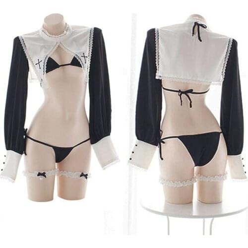 Lolita Sexy Sleepwear Nun Uniform Underwear Hollow Out Long Sleeve Lace Tops Bikini Set Cosplay Maid Costumes Dropshipping