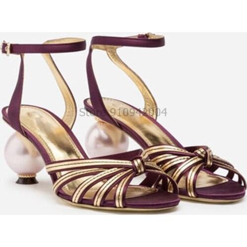 Pearl Round Heels Gladiator Sandals Women Asymmetrical Geometric Pattern Deep Toe Green Black Summer Shoes Prom Elegant Sandals