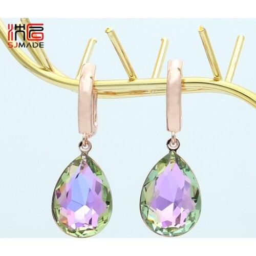SJMADE Korean Fashion Colorful Big Water Drop Crystal Dangle Earrings For Luxury Elegant Women Jewelry 585 Rose Gold Eardrop