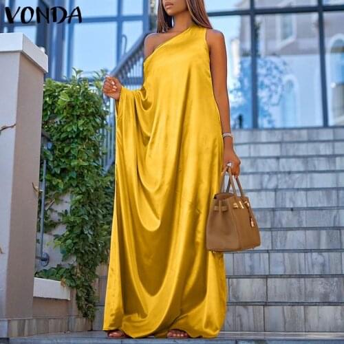 One Shoulder Party Dress 2021 VONDA Women Maxi Dresses Office Ladies Elegant Sundress Casual Vestidos Femme Robe Sundress