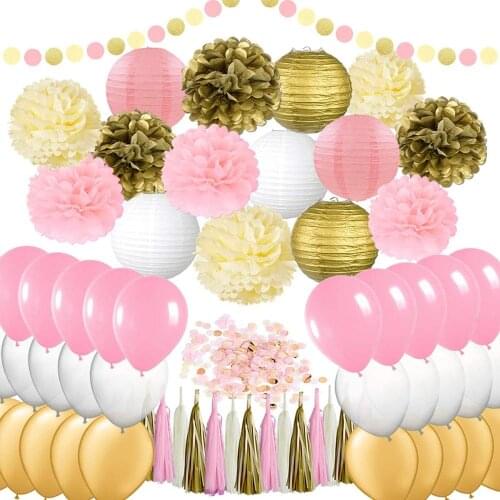Party Birthday Wedding Baby Shower Decor Set Balloon Tassel Lantern Garland Pom Poms Supplies for Princess Girls Kids Adults