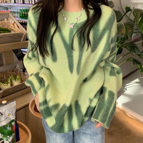 Knitted Oversized Pullovers Women Sweater Green Striped Print Winter Long Sweatshirts Streetwear Ladies Jumper Warm Outerwear