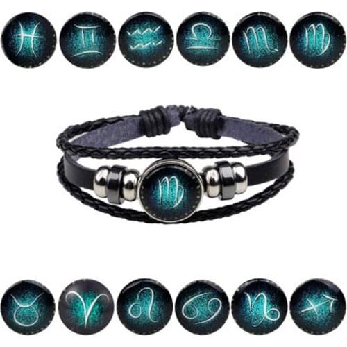 WBL 12pcs/set Explosive Alloy Cross-border Twelve Constellation Multi-layer Woven Starry Retro Punk Leather Bracelet Men Women