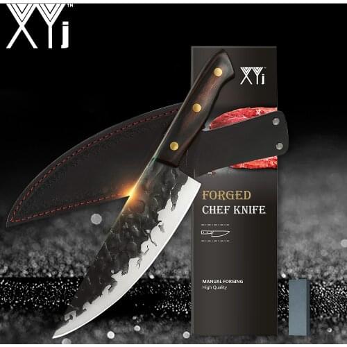 XYj High Carbon Chef Kitchen Knife Set Leather Cover Sheath Hiking Camping Outdoor Accessory Gift Box Sharpening Stone Tools
