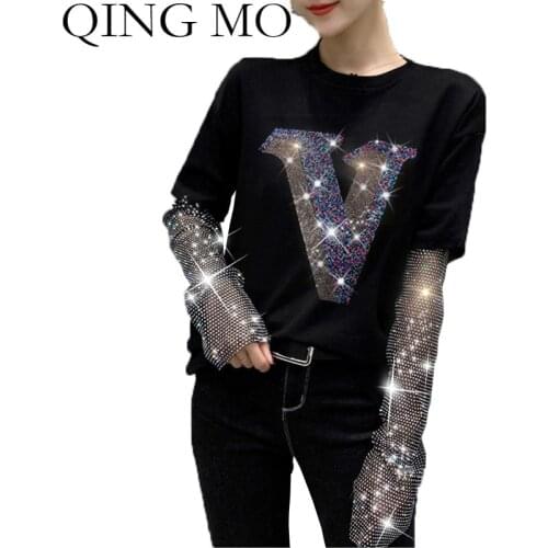 3 Style Diamond Women T-shirt 2021 Spring Summer Character And Letter Print Long Sleeve T-shirt Black Women T-shirt QYF002A