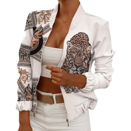 Women Jackets Retro Printed Ladies Zipper Up Bomber Outwear Spring Autumn Long Sleeve Short Slim Casual Pocket Biker Coats#f3