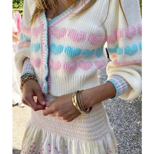 BOHO INSPIRED cropped intarsia cardigan women knitted hearts stripes long sleeve cardigan buttons cute autumn winter cardigan