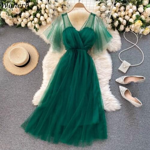 Woherb Mesh Dress Women 2021 New V-neck Elegant Party Vestidos Korean Sexy Slim Waist Pleated Dresses Vestidos De Mujer