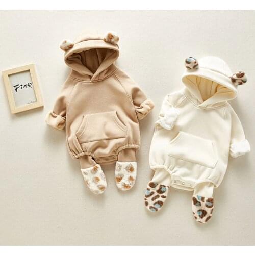 Winter Baby Girl Bodysuits 0-2Yrs Baby Plush Ears Baby Newborn Clothes Hooded Bodysuit Climbing Clothes Plush Thickened