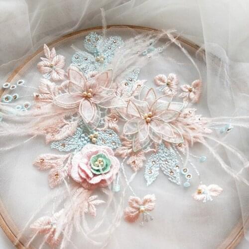 1 group of new candy high-grade ostrich hair three-dimensional flower beaded lace applique for wedding handmade