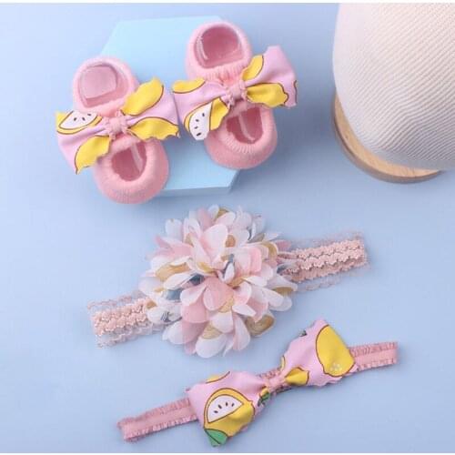 3Pcs/Set Sweet Lace Bowknot Baby Headband Sock Set Floral Elastic Infant Girl Hair Band Princess Anti Slip Kid Toddler Boat Sock