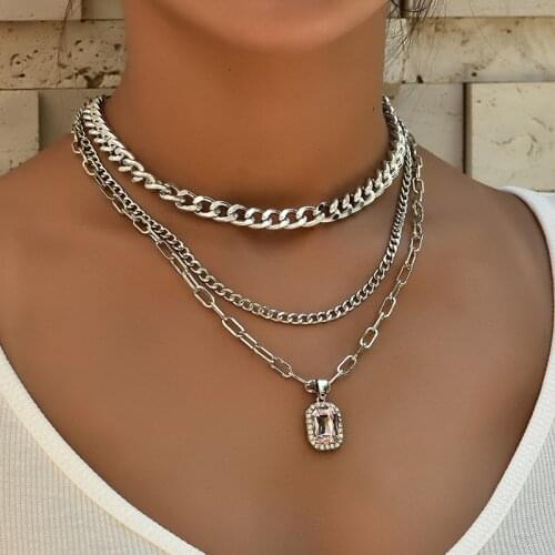 3 Pcs/Set Women Necklaces Set Bohemian Square Pink Crystal Clavicle Chain Silver Color Necklace Exquisite Wedding Party Jewelry
