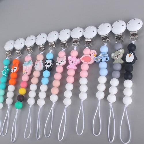 White Wooden Pacifier Holder Chain Clip Mini Silicone Teething Rodent Dummy Chain Clip Strap